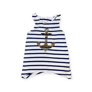 Girl S 7-8 Sleeveless Racerback Navy White Stripe Silver Gold Sequin Anchor Tank